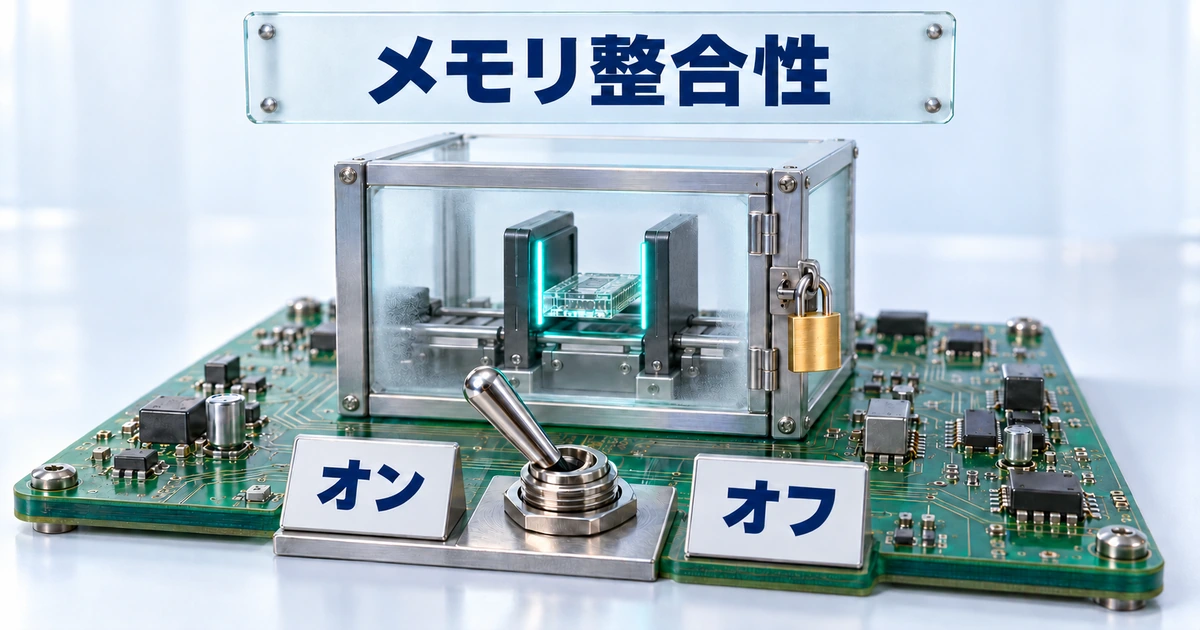 メモリ整合性のイメージ。隔離された検査ブースでドライバーを確かめる仕組みと、オンとオフを切り替えるスイッチ