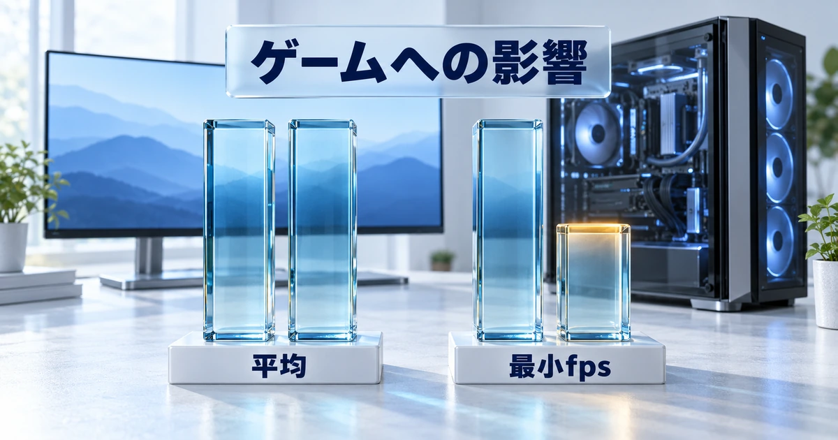 メモリ整合性のゲームへの影響のイメージ。平均はほぼ同じでも、最小fpsが落ちることがある