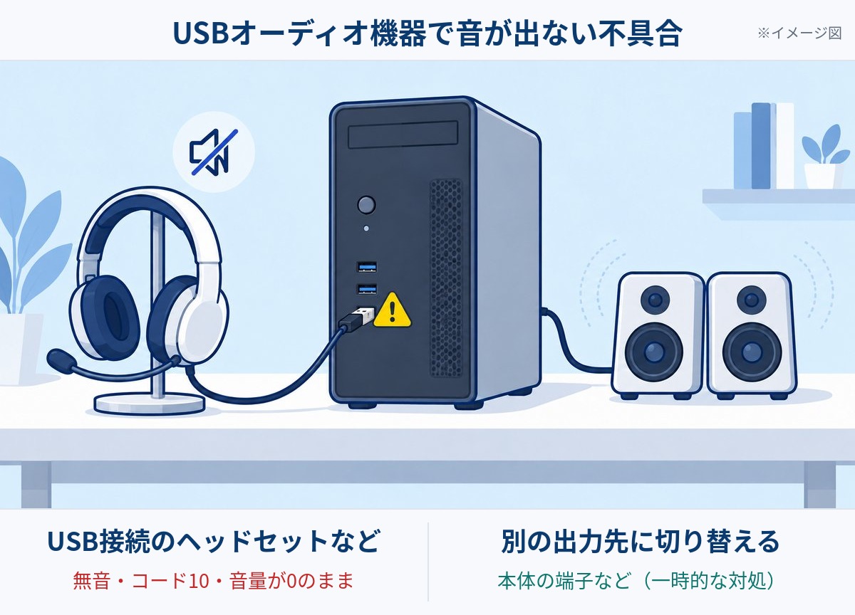 USB接続のヘッドセットで音が出ない不具合と、本体の端子など別の出力先へ切り替える一時的な対処のイメージ図