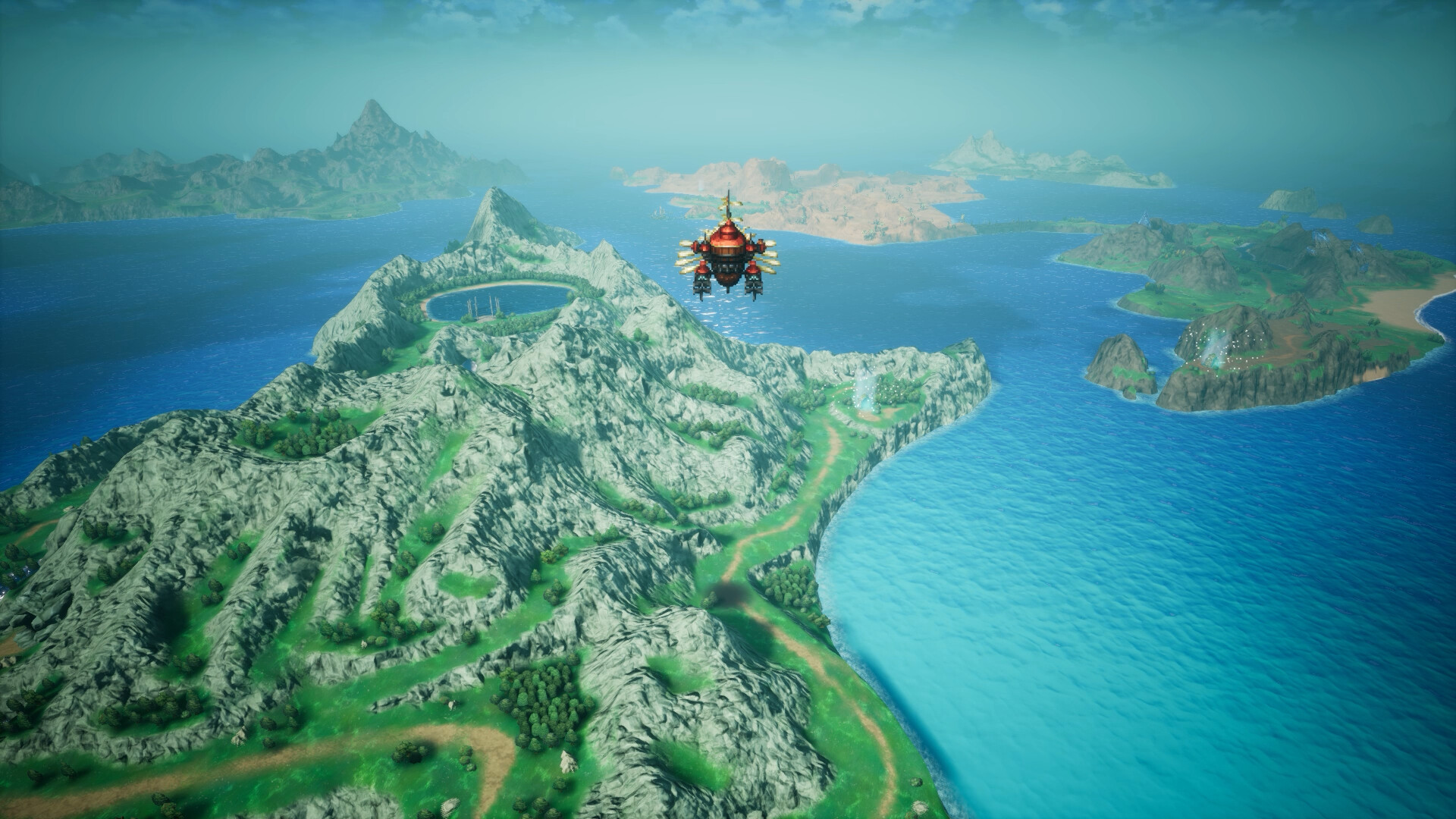 FFレゾナンスのSteam公式スクリーンショット。飛空艇が緑の島々の上空を進む場面