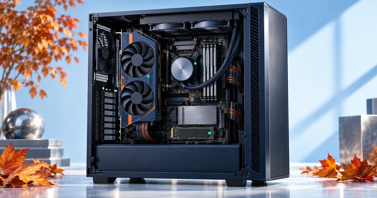 ゲーミングPCの内部でGPU・メモリ・SSDを示したイメージ図