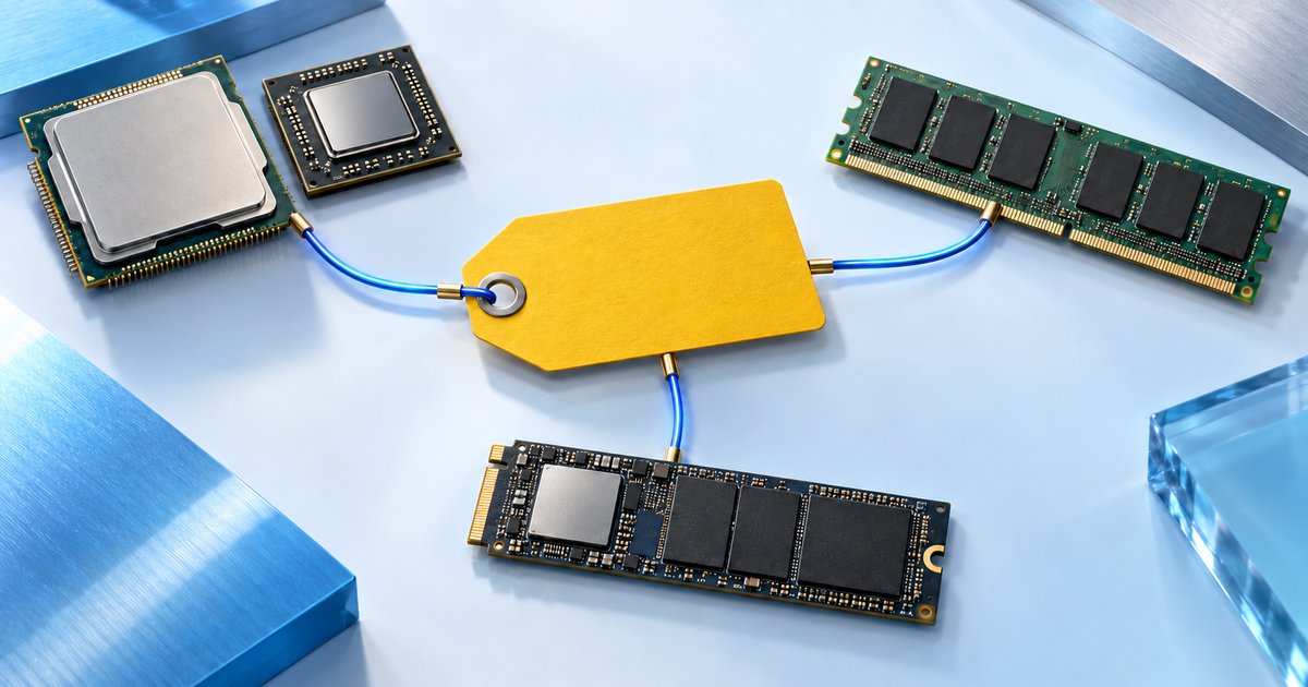 価格を動かすCPU・GPU、メモリ、SSDの3要素が1枚の値札につながるイメージ図
