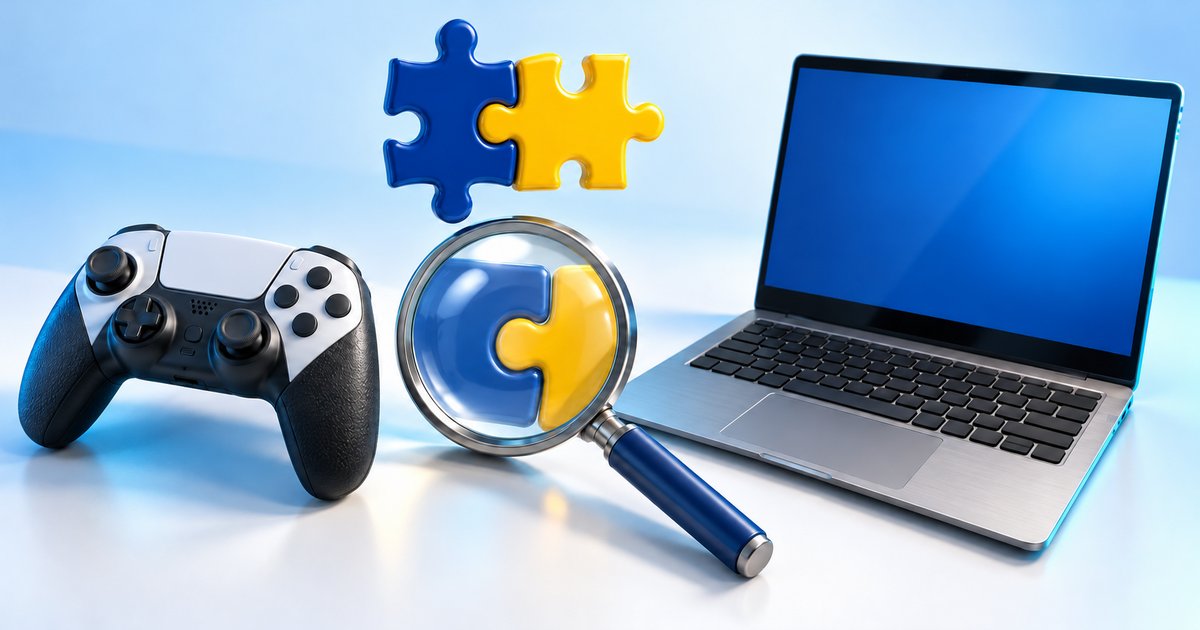 ゲーム目的で買う前に、対応状況を虫眼鏡で確認するイメージ図。コントローラー、ノートPC、パズルのピース