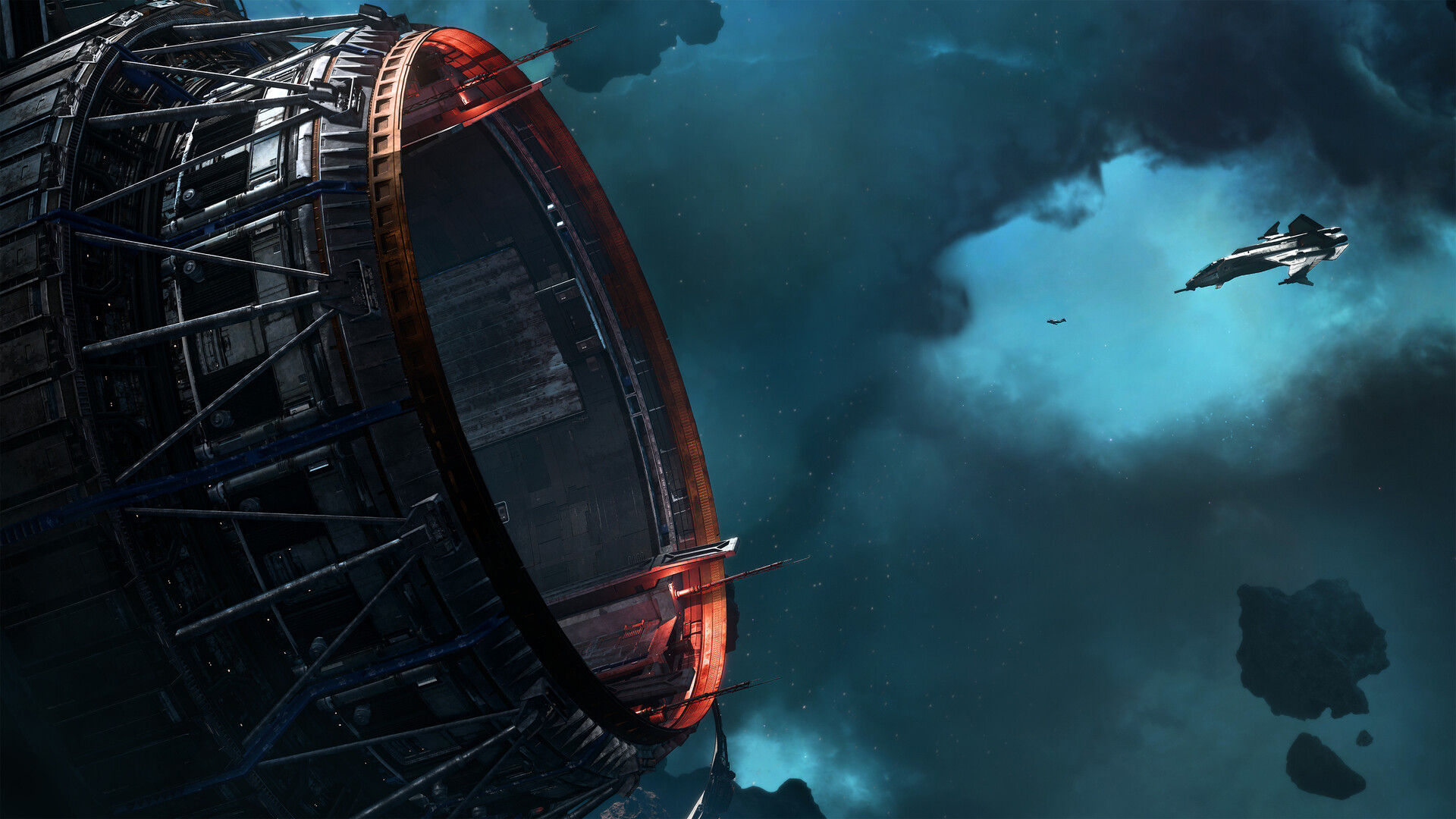 Squadron 42のSteam公式スクリーンショット。宇宙空間に浮かぶ巨大なリング状の施設と、遠くを飛ぶ戦闘機