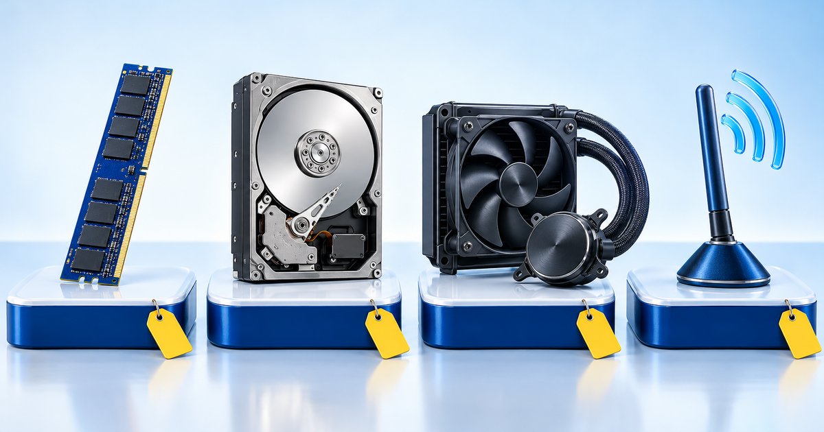 ドスパラ周年祭で半額の対象として案内されている、メモリ増設、HDD、水冷、Wi-Fiの4つを並べたイメージ図