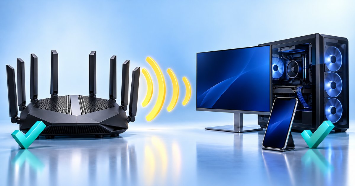 イメージ図。ルーターとPC・スマホを結ぶ電波。両側にチェックマーク