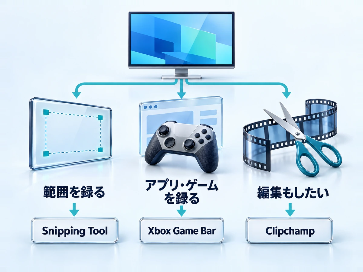 録画したい内容からWindows 11の録画機能を選ぶ流れの図