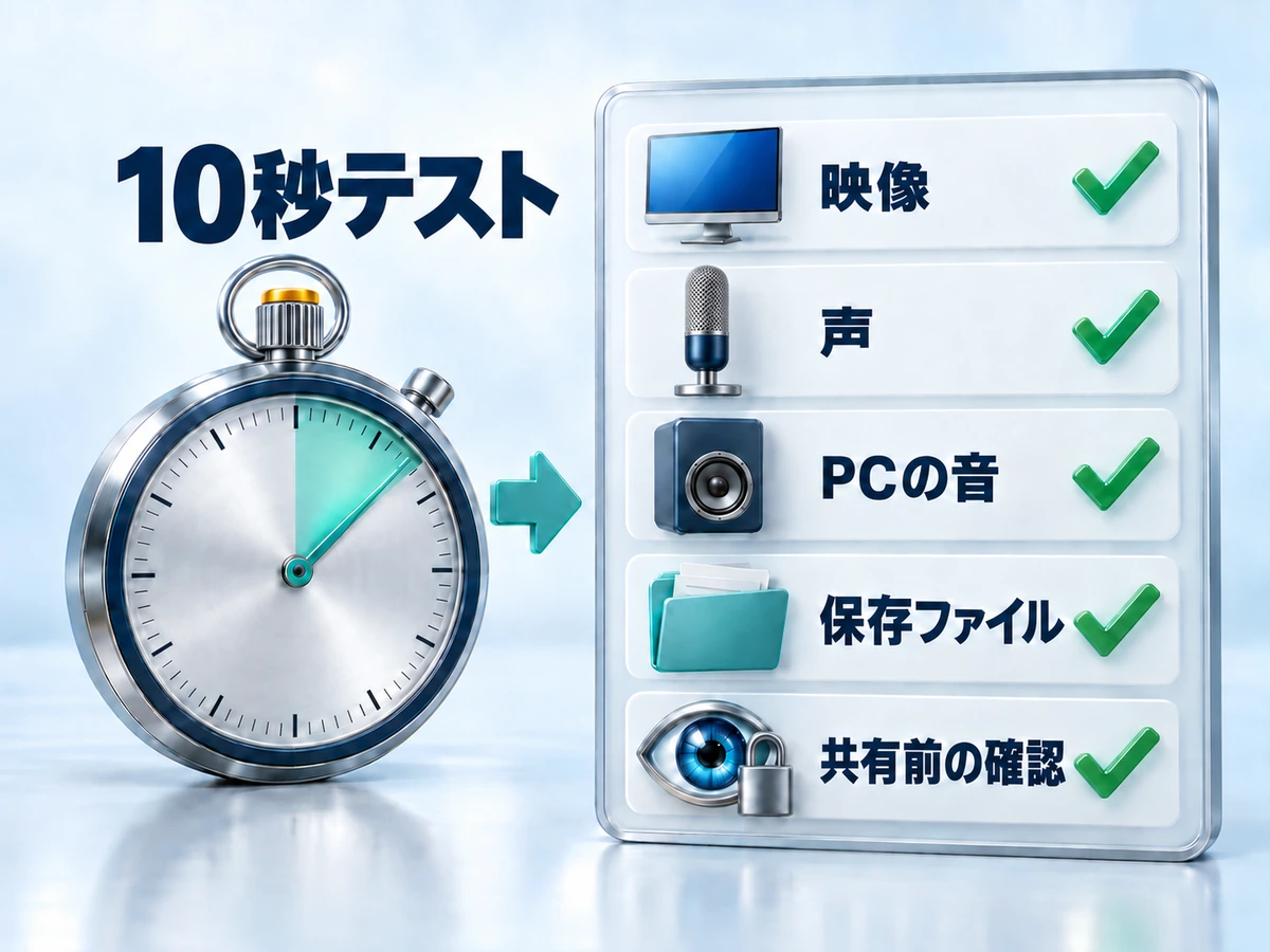 画面録画の本番前に10秒テストで確認する5つの項目の図