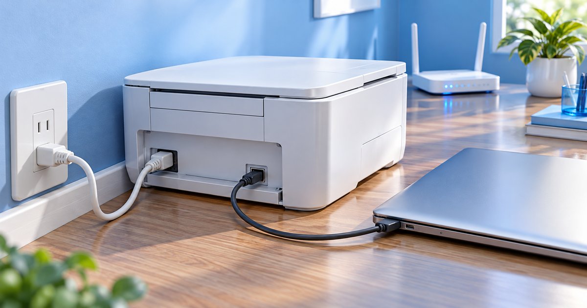 プリンターのオフラインの直し方で最初に見る電源・USB・Wi-Fiのイメージ図