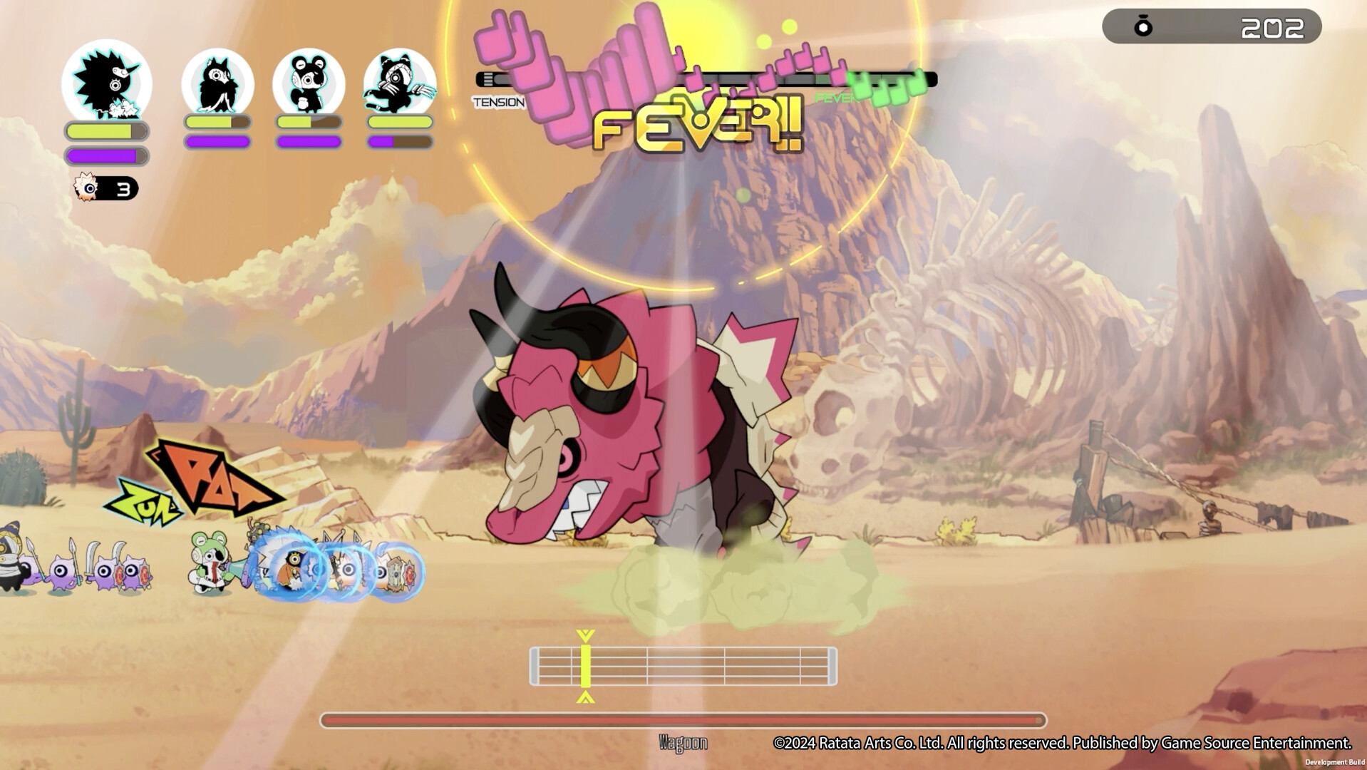ラタタンのSteam公式スクリーンショット（砂漠で、FEVER演出とともに赤い大型の敵と戦う場面）