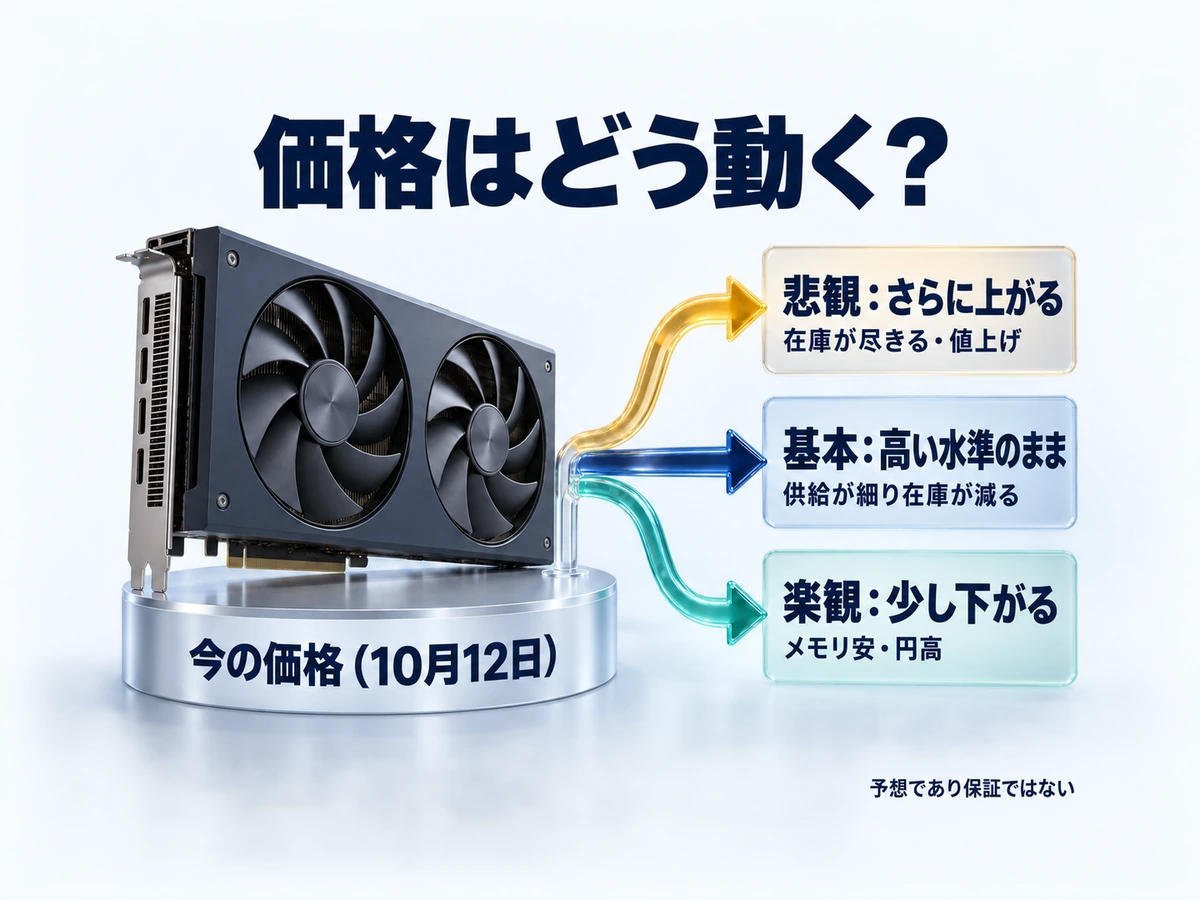 RTX 5090・5080の価格シナリオの図解。今の価格から、悲観はさらに上がる、基本は高い水準のまま、楽観は少し下がる、の3つに分かれる（予想であり保証ではない）