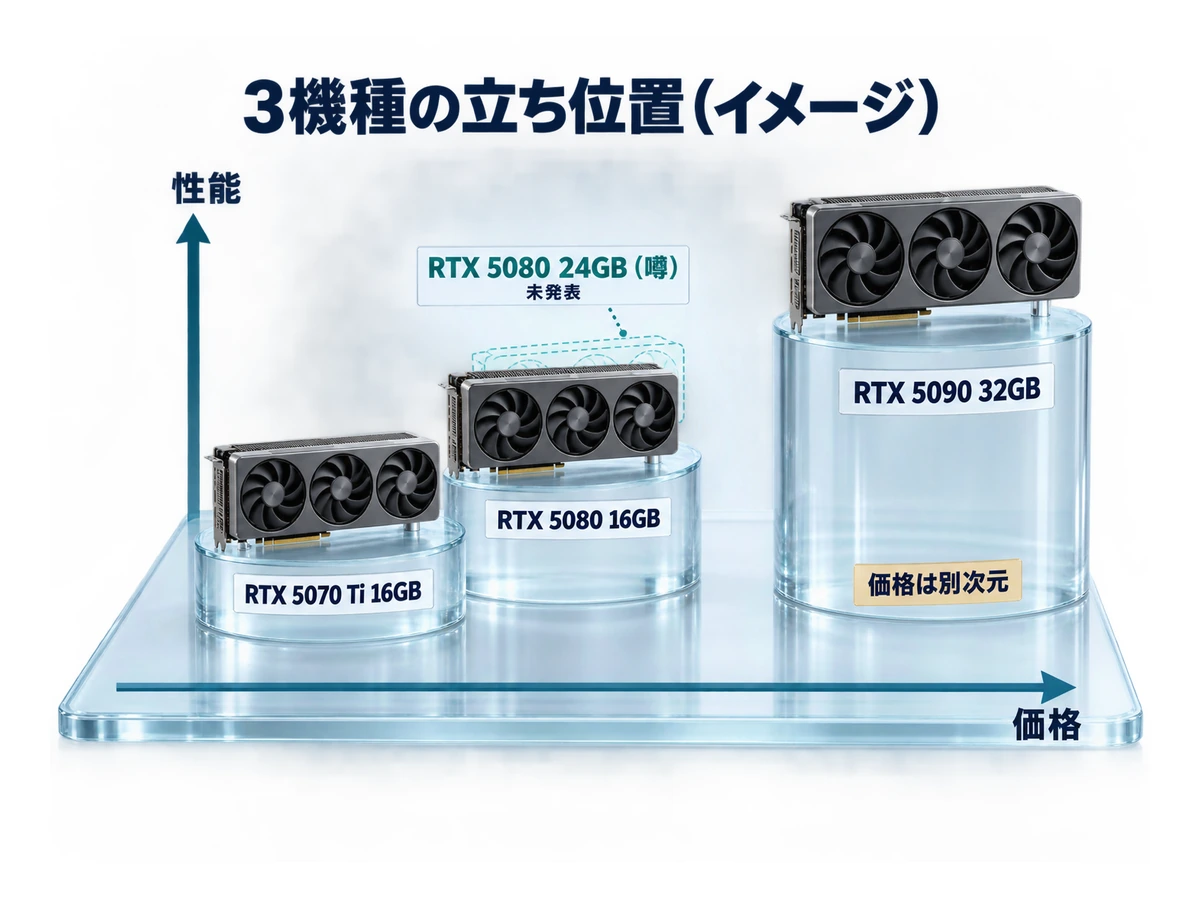 RTX 5070 Ti・5080・5090の立ち位置の図解。性能と価格の軸上で、5070 Tiと5080（16GB）は近く、5080 24GBは噂で未発表、5090 32GBは価格が別次元