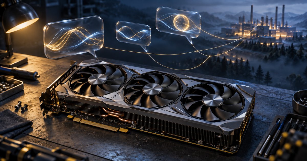 RTX 5090の生産終了リークのイメージ。汎用のグラボと遠くの工場を噂の光がつなぐ