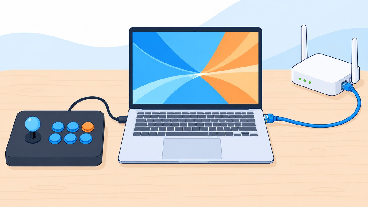 アーケードコントローラーをつないだノートPCと、LANケーブルでルーターにつなぐ様子のイメージ図