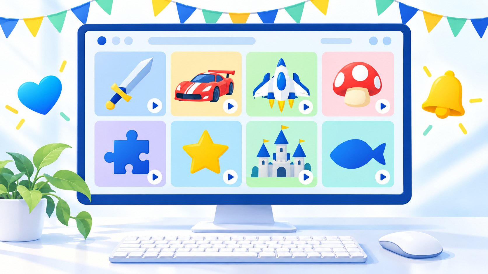 新作ゲームの体験版が8本並ぶモニターのイメージ。それぞれのタイルに再生ボタンが付き、左にハート、右にベルのアイコンがある