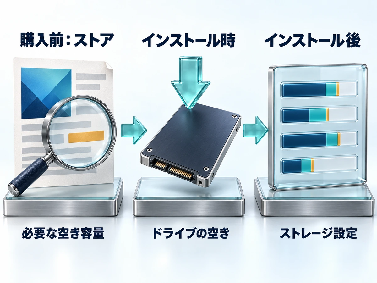 Steamの容量を購入前・インストール時・インストール後の3か所で確認する流れの図
