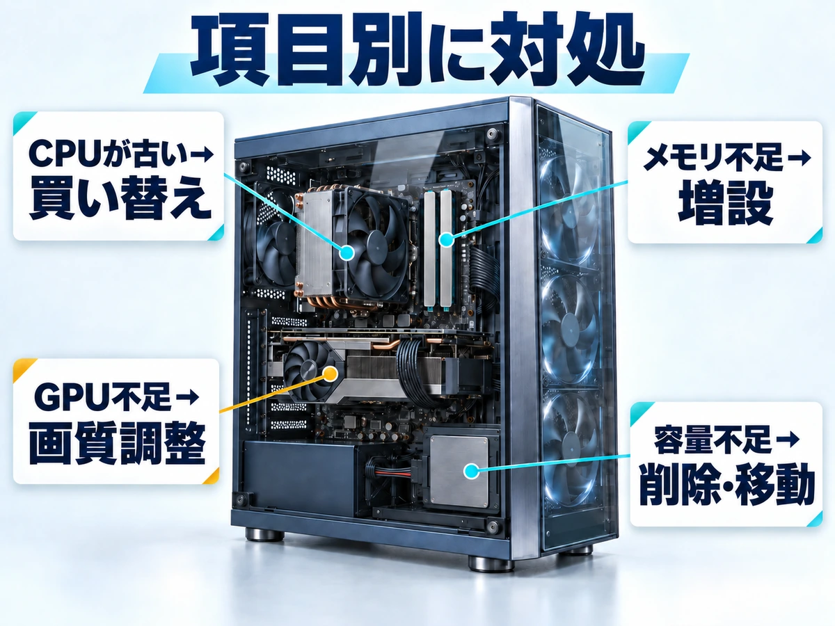Steamのゲームでスペックや容量が足りないときの項目別の対処を示した図