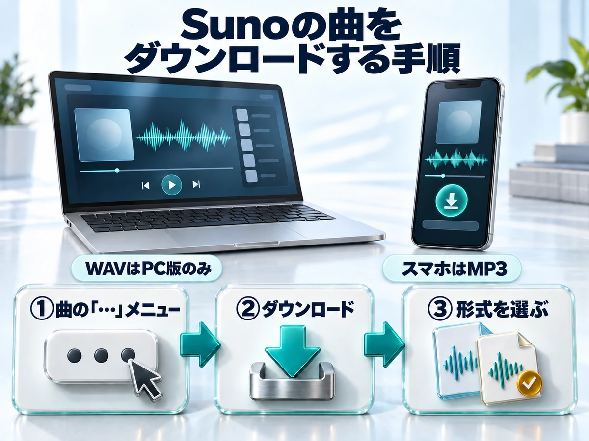 Sunoの曲をPCとスマホでダウンロードする手順図