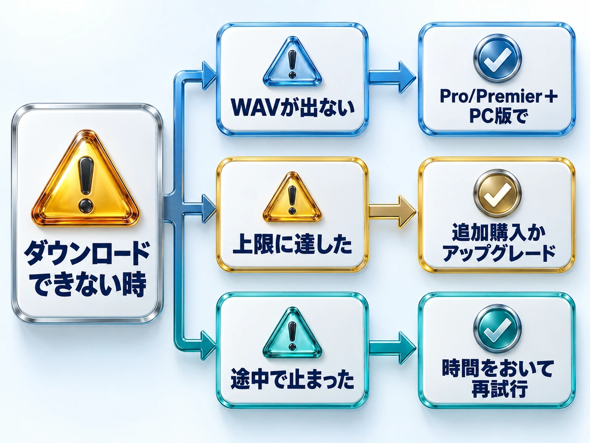 Sunoでダウンロードできないときの原因の切り分けフロー