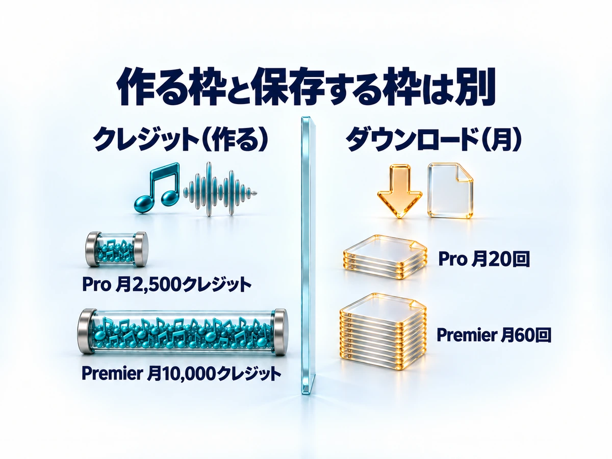 Sunoのクレジット(作る枠)とダウンロード(保存する枠)は別。Proは月2,500クレジットと月20回、Premierは月10,000クレジットと月60回