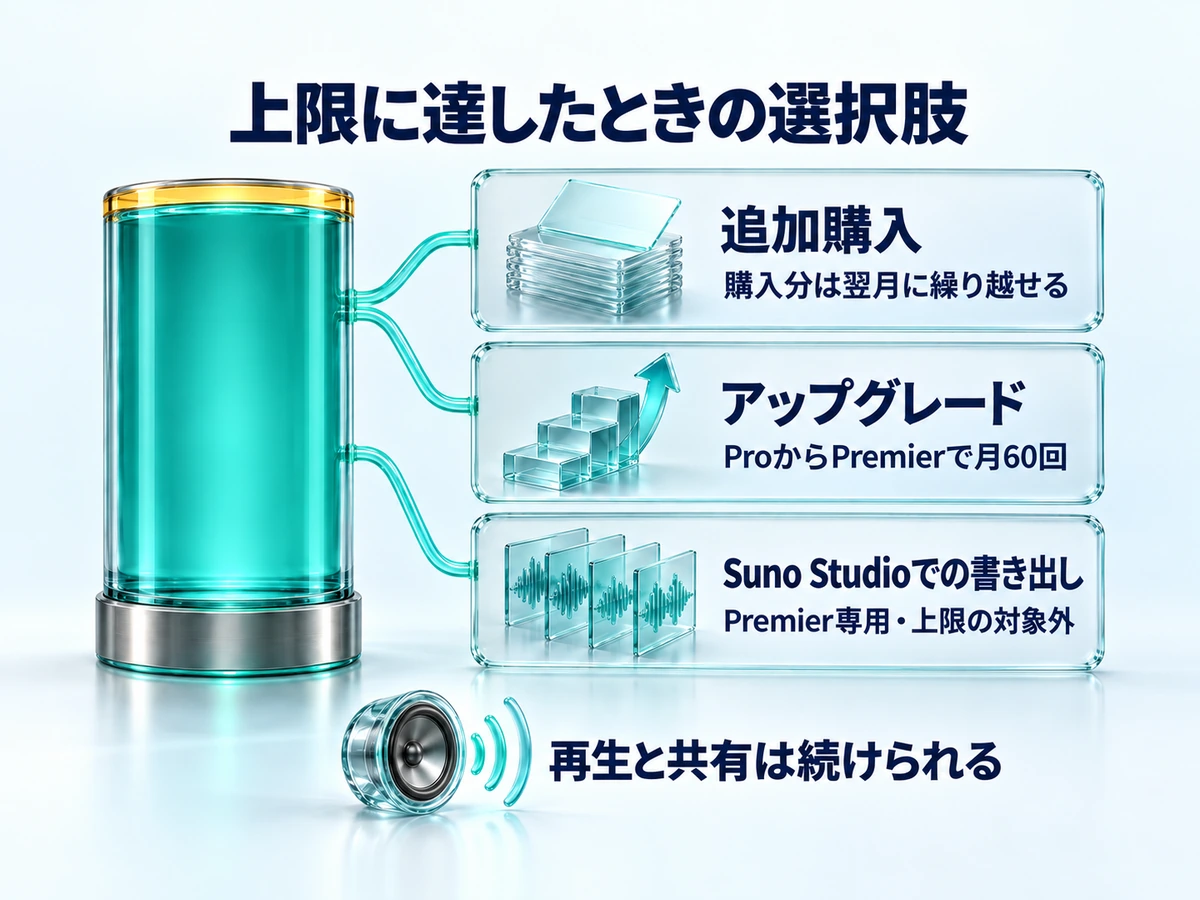 Sunoのダウンロード上限に達したときの3つの選択肢。追加購入(購入分は翌月に繰り越せる)、アップグレード(ProからPremierで月60回)、Premier専用で上限の対象外のSuno Studioでの書き出し。再生と共有は続けられる