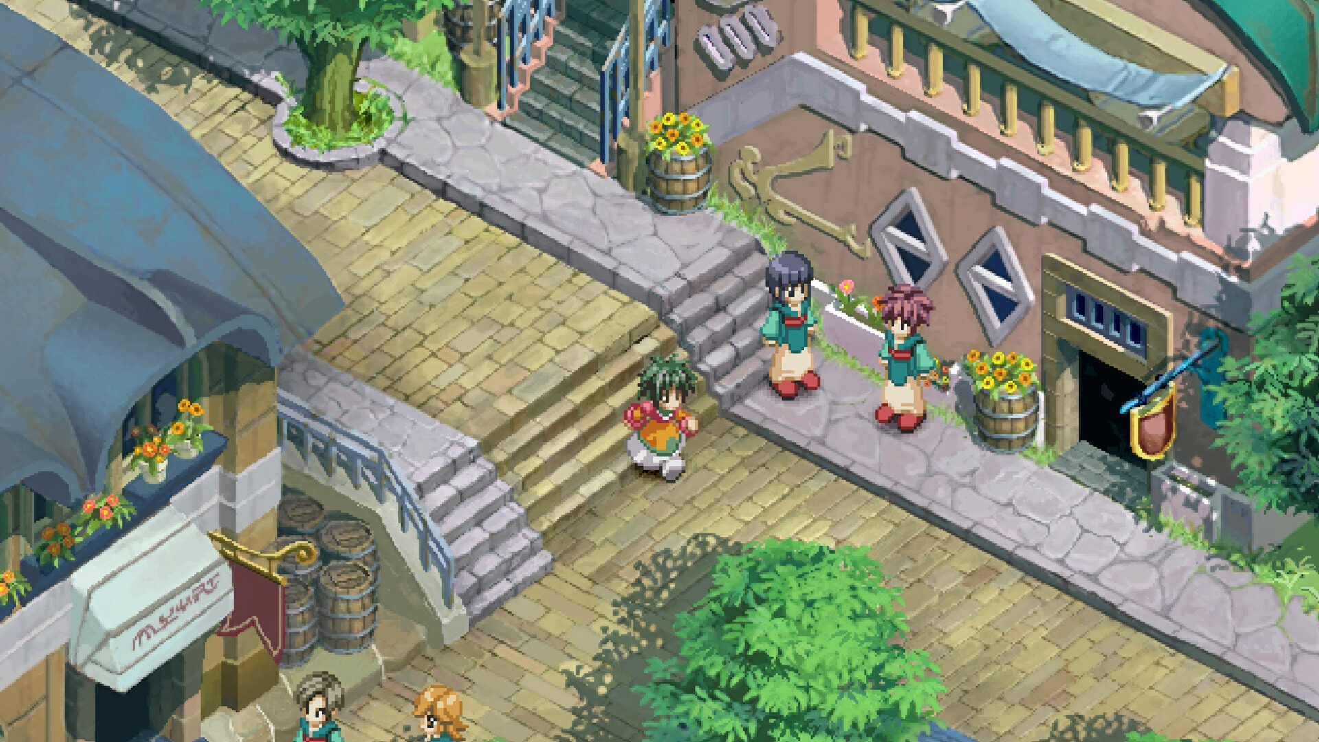 エターニア リマスターのSteam公式スクリーンショット(石畳の街を、ドット絵のキャラクターが歩く場面)