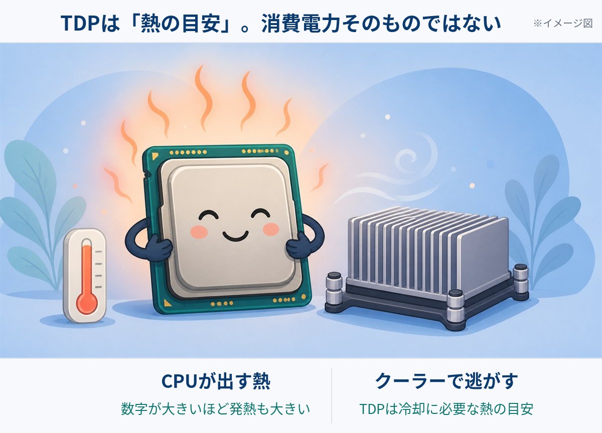 TDPは熱の目安で消費電力そのものではないことを示す図。CPUが出す熱を、クーラーで逃がす