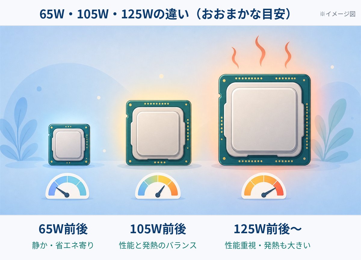 TDPの3段階の目安を示す図。65W前後は静か・省エネ寄り、105W前後は性能と発熱のバランス、125W前後以上は性能重視で発熱も大きい