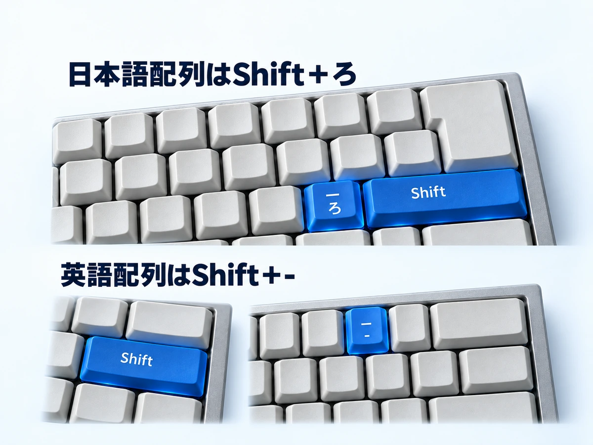 日本語配列はShift+ろ、英語配列はShift+ハイフンでアンダーバーを打つキー位置の図