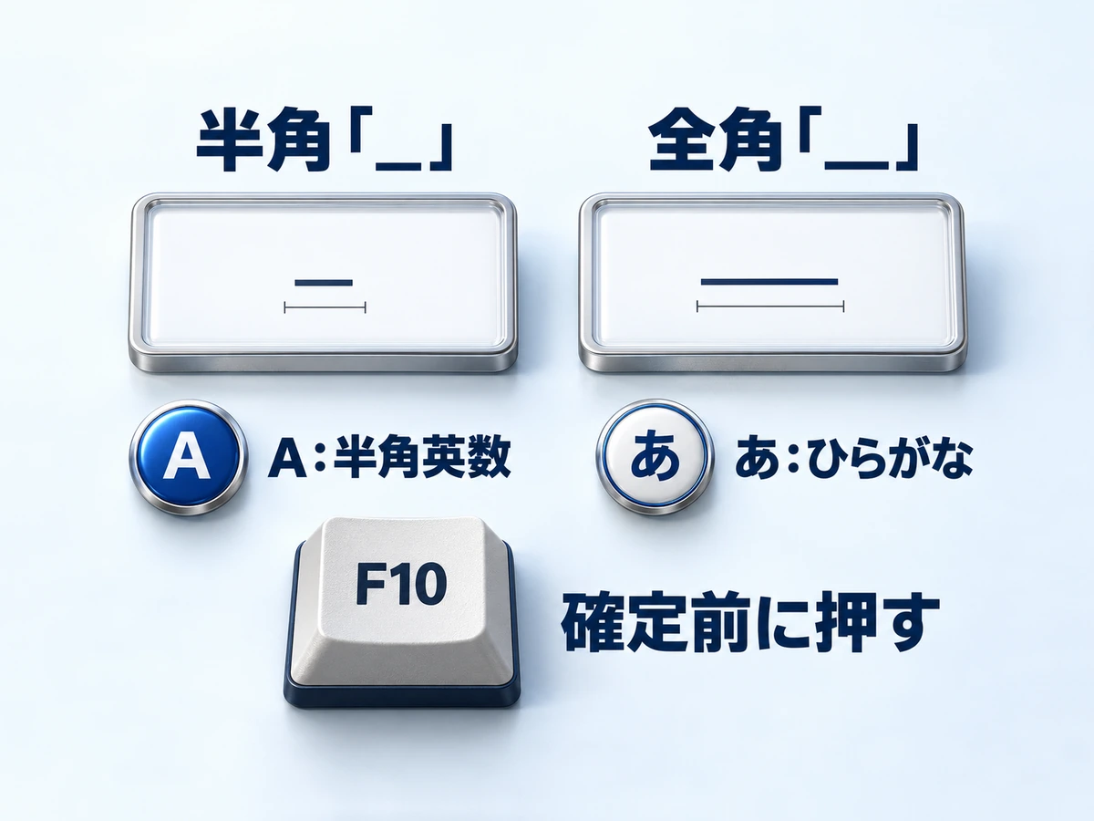 半角のアンダーバーと全角のアンダーバーの違いと、入力モードAとあの見分け方の図