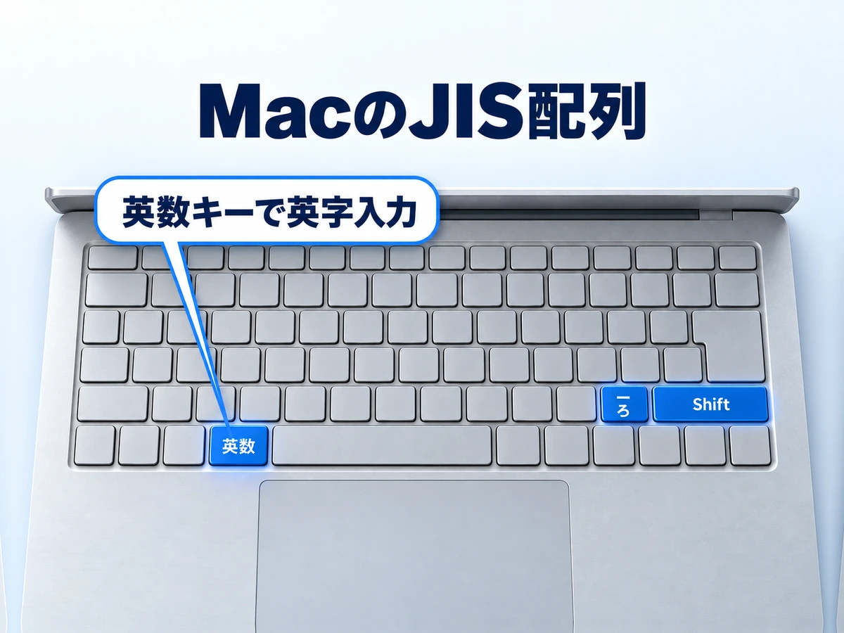 MacのJIS配列で英数キーを押してからShift+ろでアンダーバーを打つキー位置の図