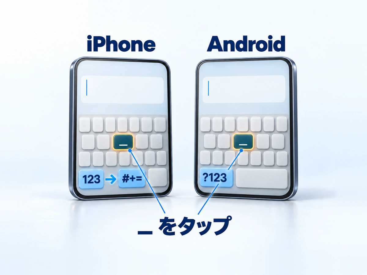 スマホの記号キーボードを開いてアンダーバーを入力する流れの図