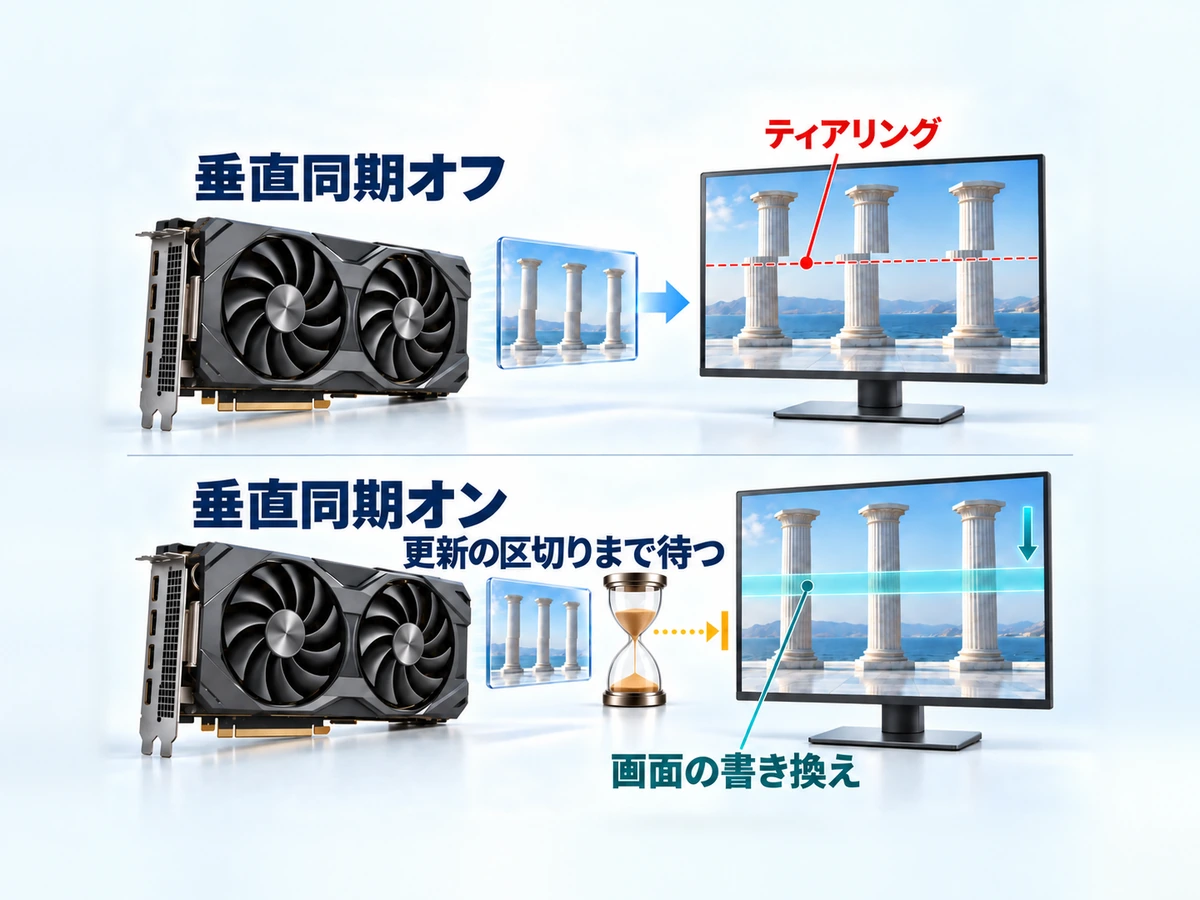 垂直同期オフで起きるティアリングと垂直同期オンで更新を待つ仕組みの図