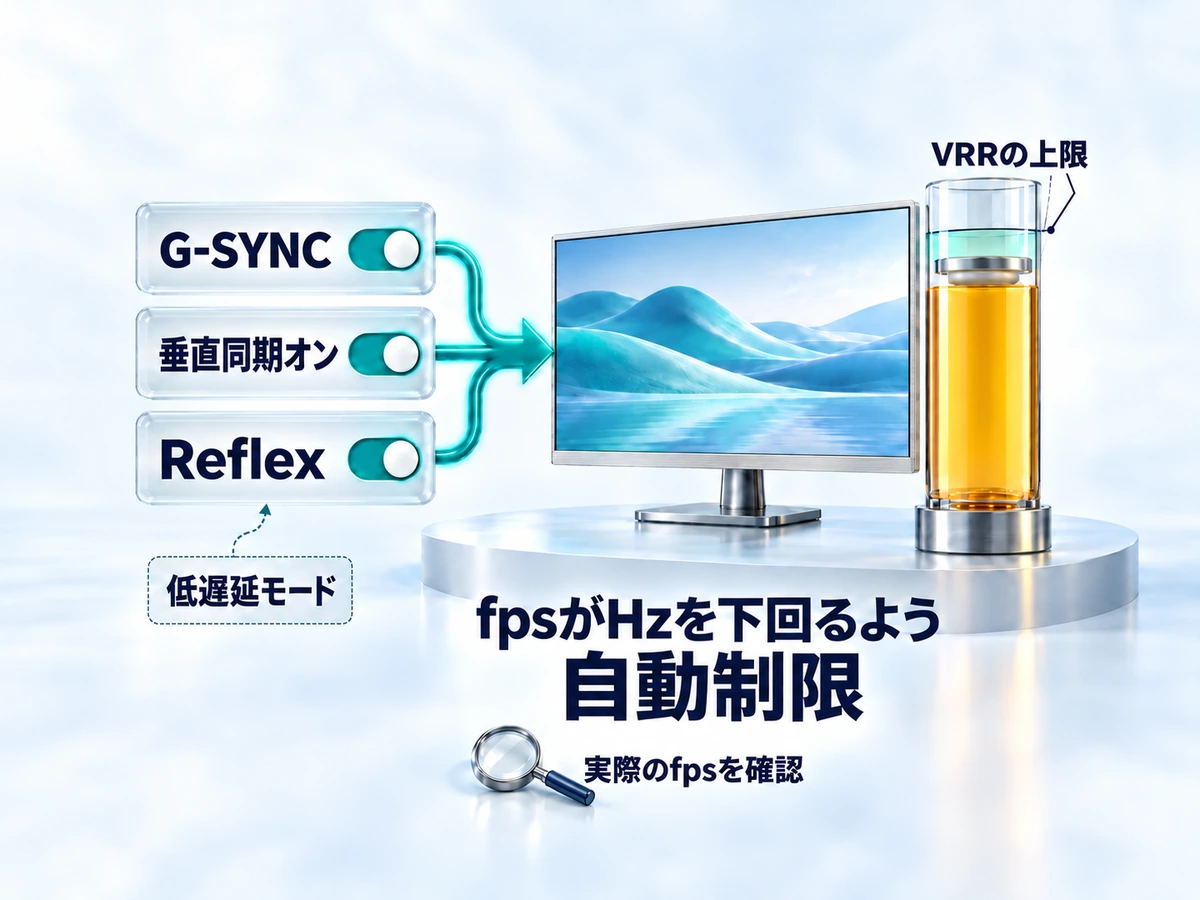 G-SYNC・垂直同期オン・Reflex(Reflex非対応のゲームでは低遅延モード)を併用すると、fpsがHzを下回るよう自動制限される様子を示す図
