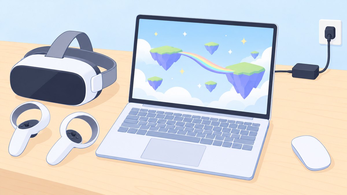 ノートパソコンとVRヘッドセット、マウスを机に並べて、VRChatを遊ぶ準備をするイメージ図