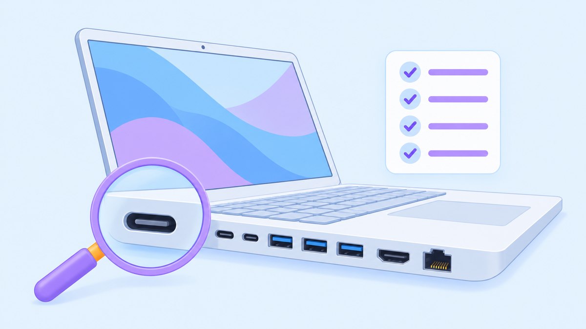 ノートパソコンの側面にあるUSB Type-Cなどの端子を、虫眼鏡で拡大して数えるイメージ図