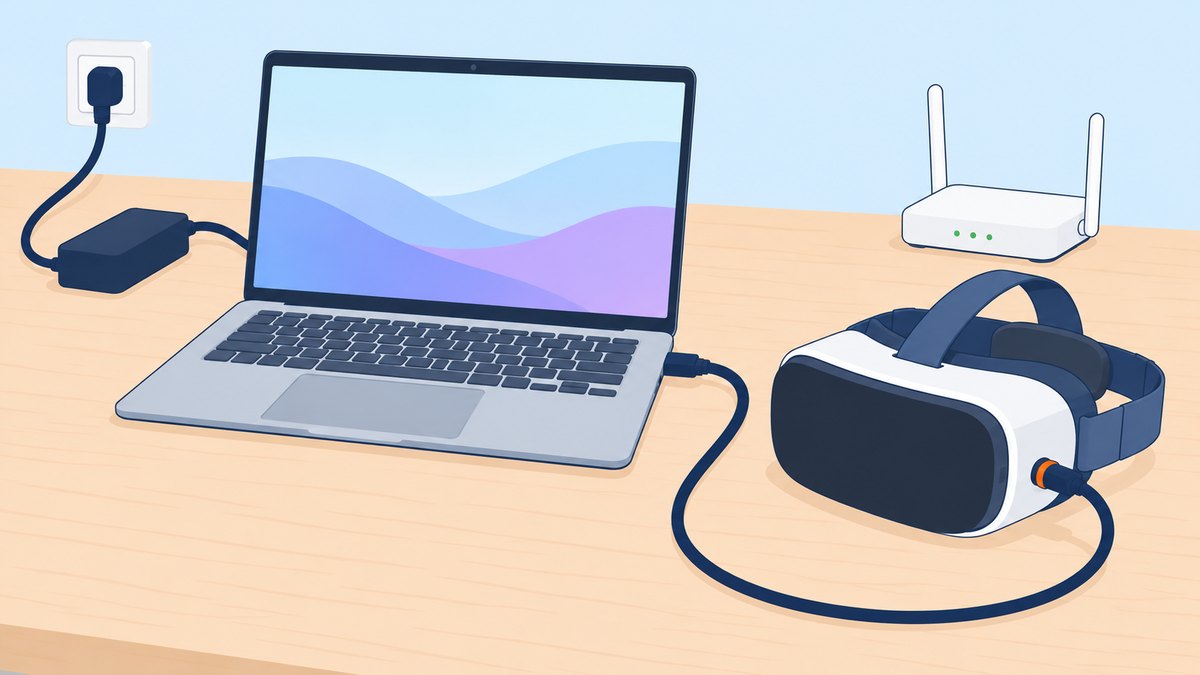 ノートパソコンとVRヘッドセットを長いケーブルでつなぎ、ACアダプターで電源につなぐイメージ図