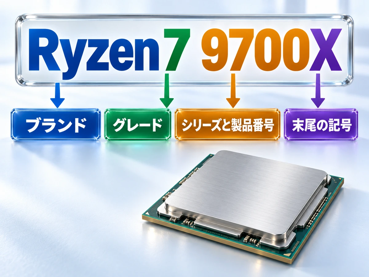 Ryzen 7 9700Xの型番をブランド・グレード・シリーズと製品番号・末尾の記号に分けた図