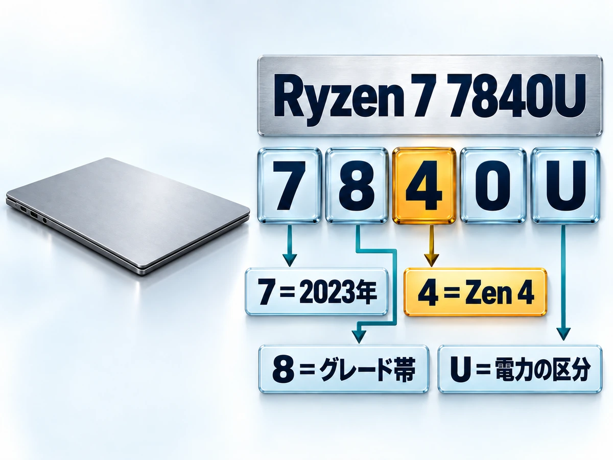 ノート向けRyzen 7 7840Uの4桁と末尾の意味を示した図