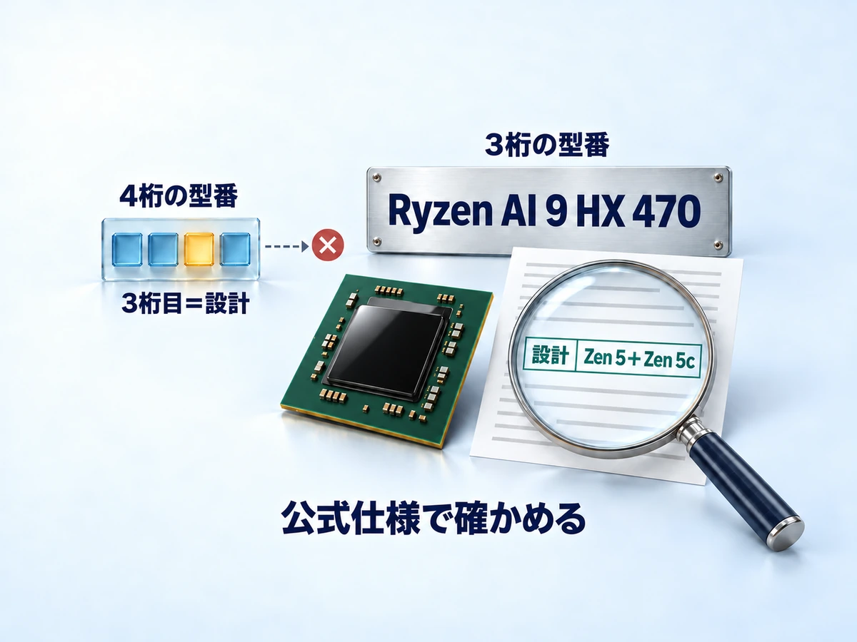 3桁の型番Ryzen AI 9 HX 470には4桁型番の「3桁目=設計」が当てはまらず、設計は公式仕様で確かめることを示す図