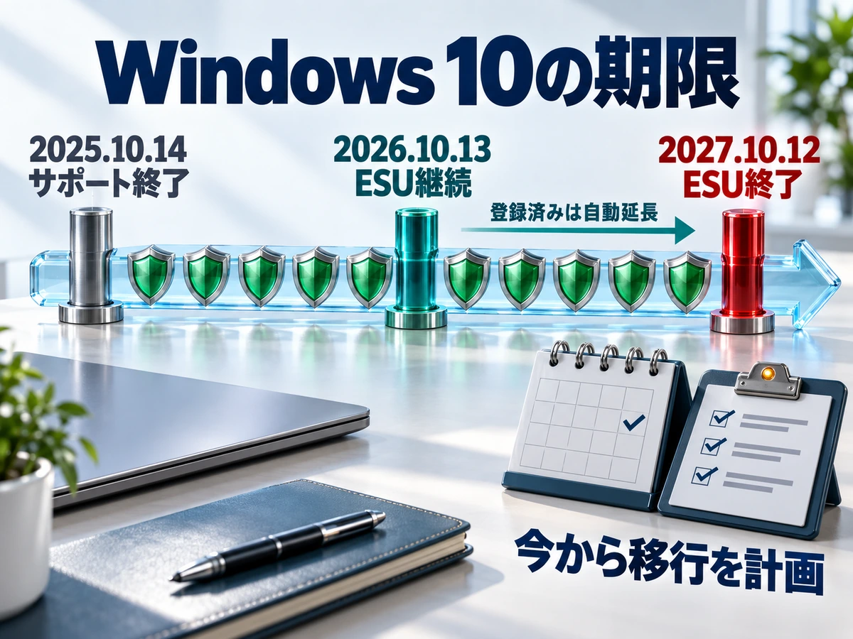Windows 10の通常サポート終了から個人向けESU終了の2027年10月12日までの期限を示すタイムライン図
