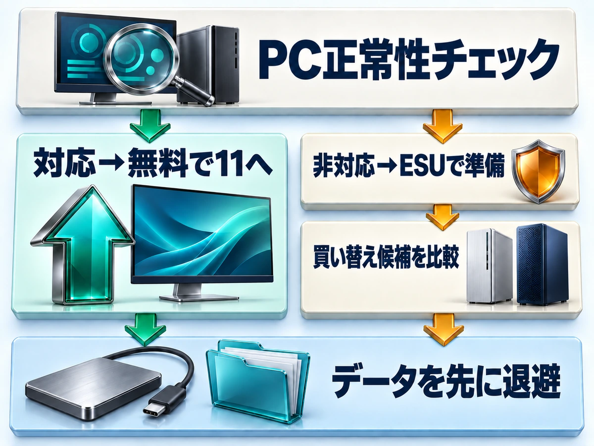 PC正常性チェックの結果でWindows 11へのアップグレードか買い替えかを決める判断フロー図