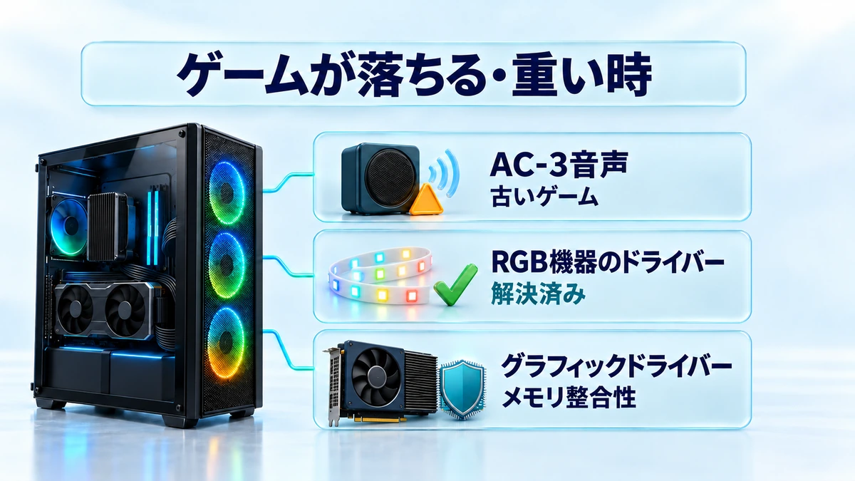 25H2でゲームが落ちる・重い時の確認ポイント。AC-3音声の不具合は古いゲームで起きやすく、RGB機器のドライバーの不具合は解決済み、重い時はグラフィックドライバーとメモリ整合性を確認