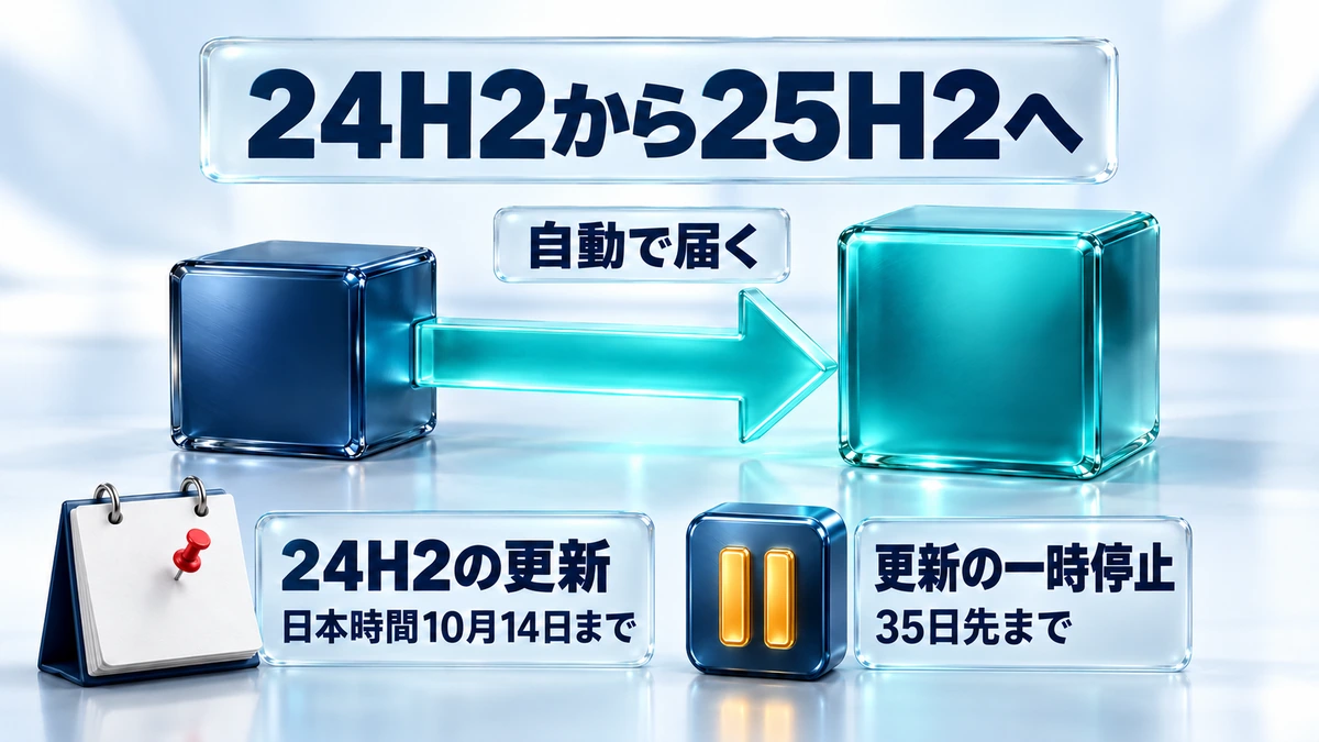 24H2から25H2へは自動で届く。更新の一時停止は35日先まで選べ、24H2の更新は日本時間10月14日まで