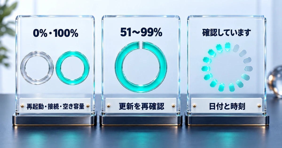 Windows Updateが0%・100%、51〜99%、「確認しています」で止まる時の最初の対処を示す図