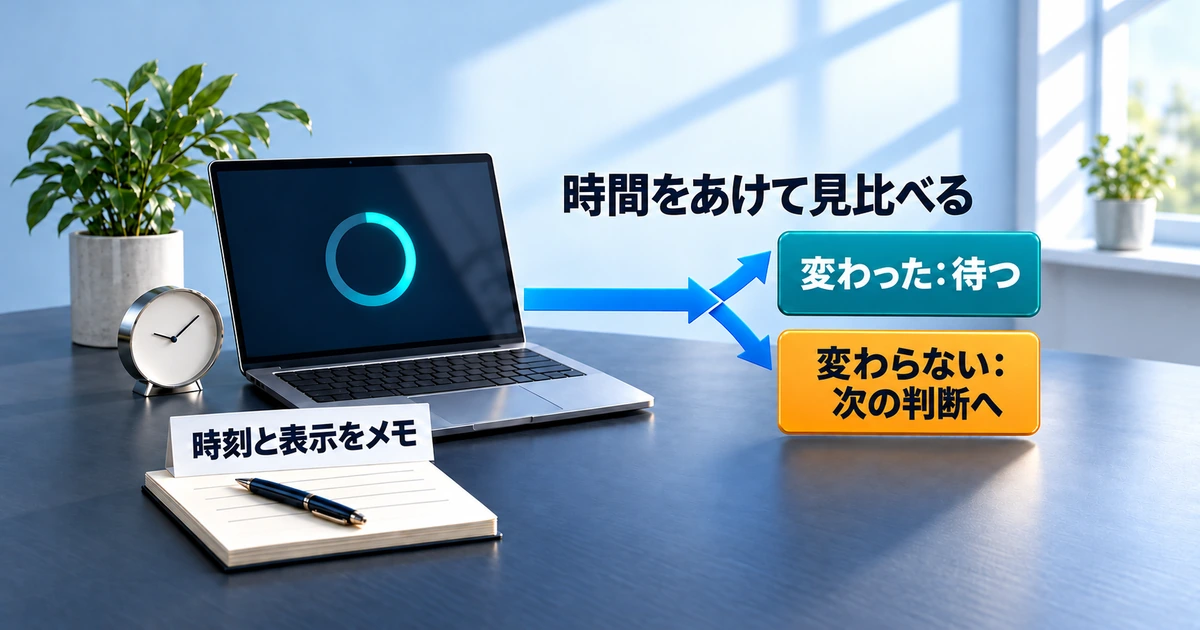 画面の表示と時刻をメモし、時間をあけて見比べて止まっているかを判断する方法の図