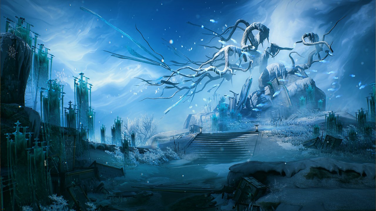 鳴潮のゲーム画面。雪と霜に覆われた階段と、氷をまとった巨大な枝が広がる青い風景