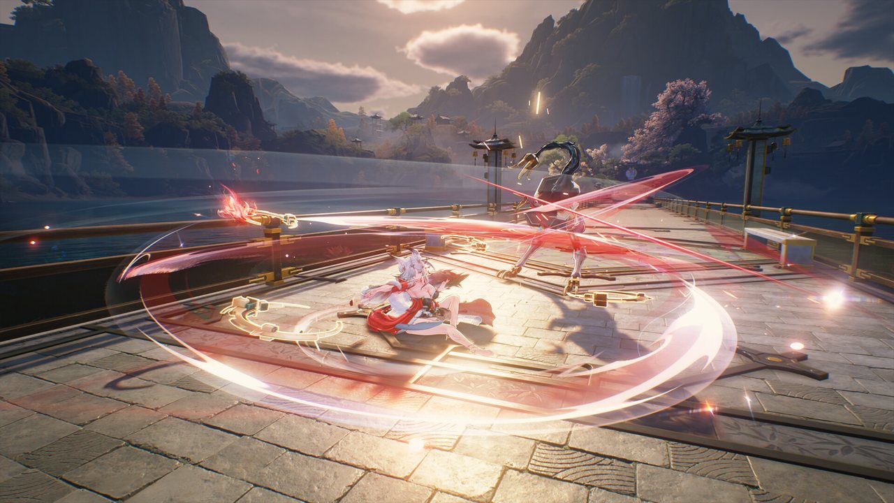 鳴潮のゲーム画面。石造りの橋の上で、赤い光の軌跡を描いて戦う場面