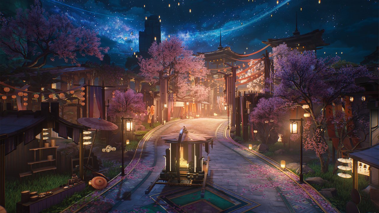 鳴潮のゲーム画面。夜空の下、桜と提灯がともる街の通り