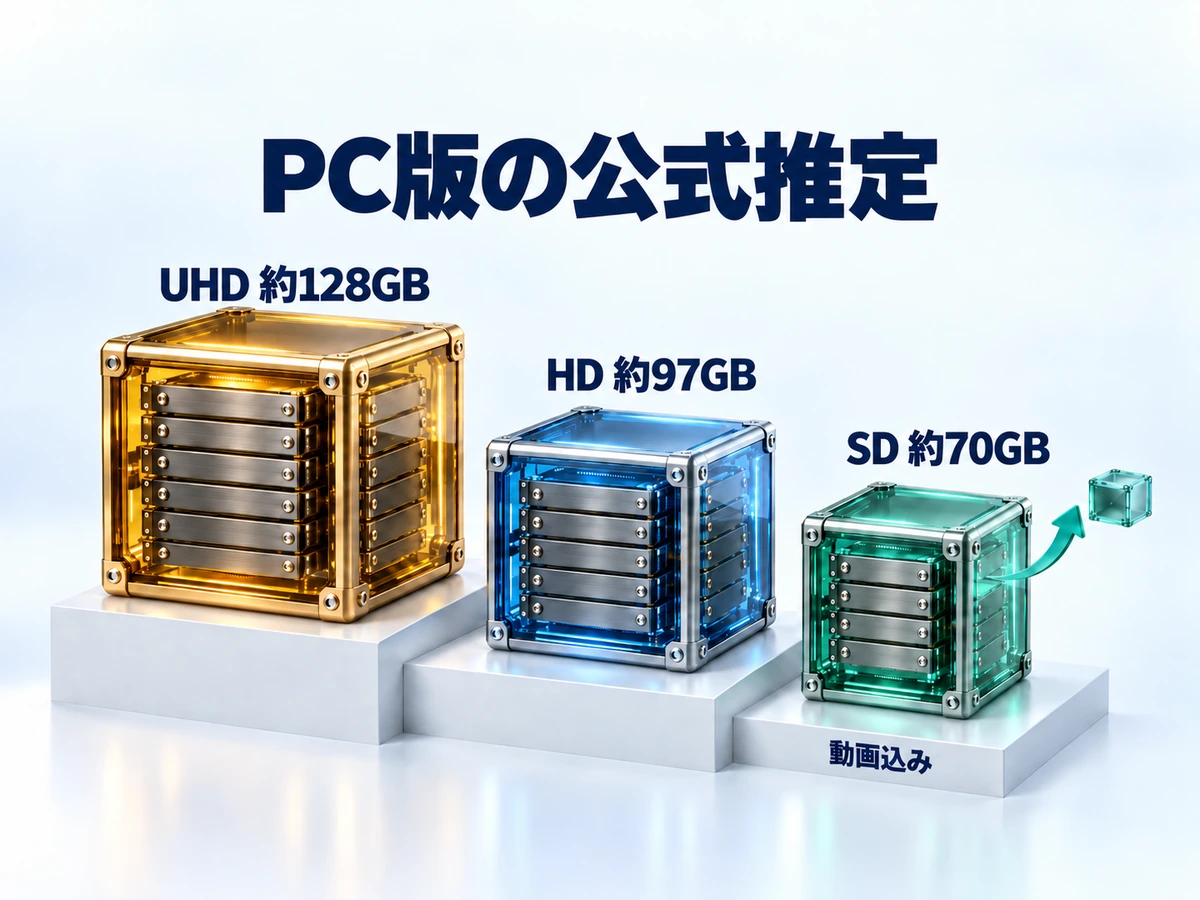 鳴潮PC版の画質別リソース3段階と公式推定容量を比べた図